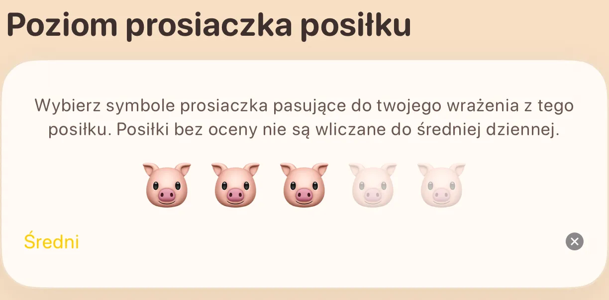 Karta poziomu prosiaczka z pięcioma symbolami świnki i wybranym poziomem