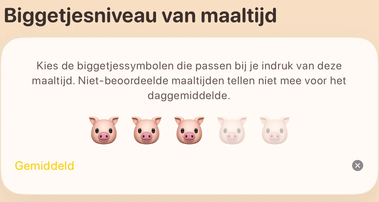 De kaart met het biggetjesniveau, vijf biggetjessymbolen en het gekozen niveau