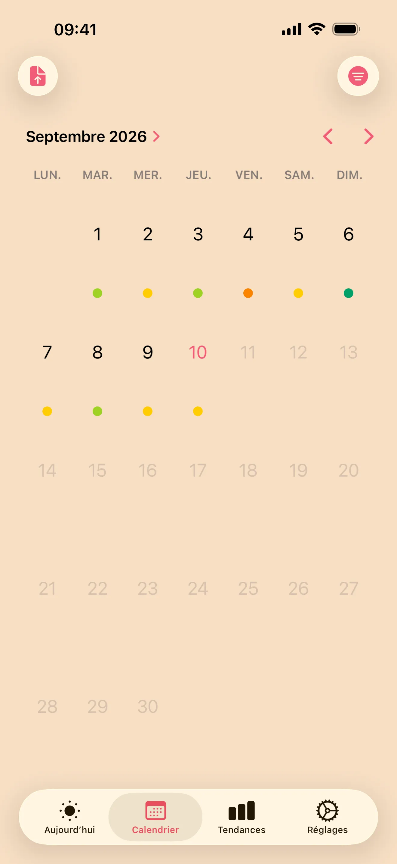 Un calendrier mensuel montrant les jours enregistrés