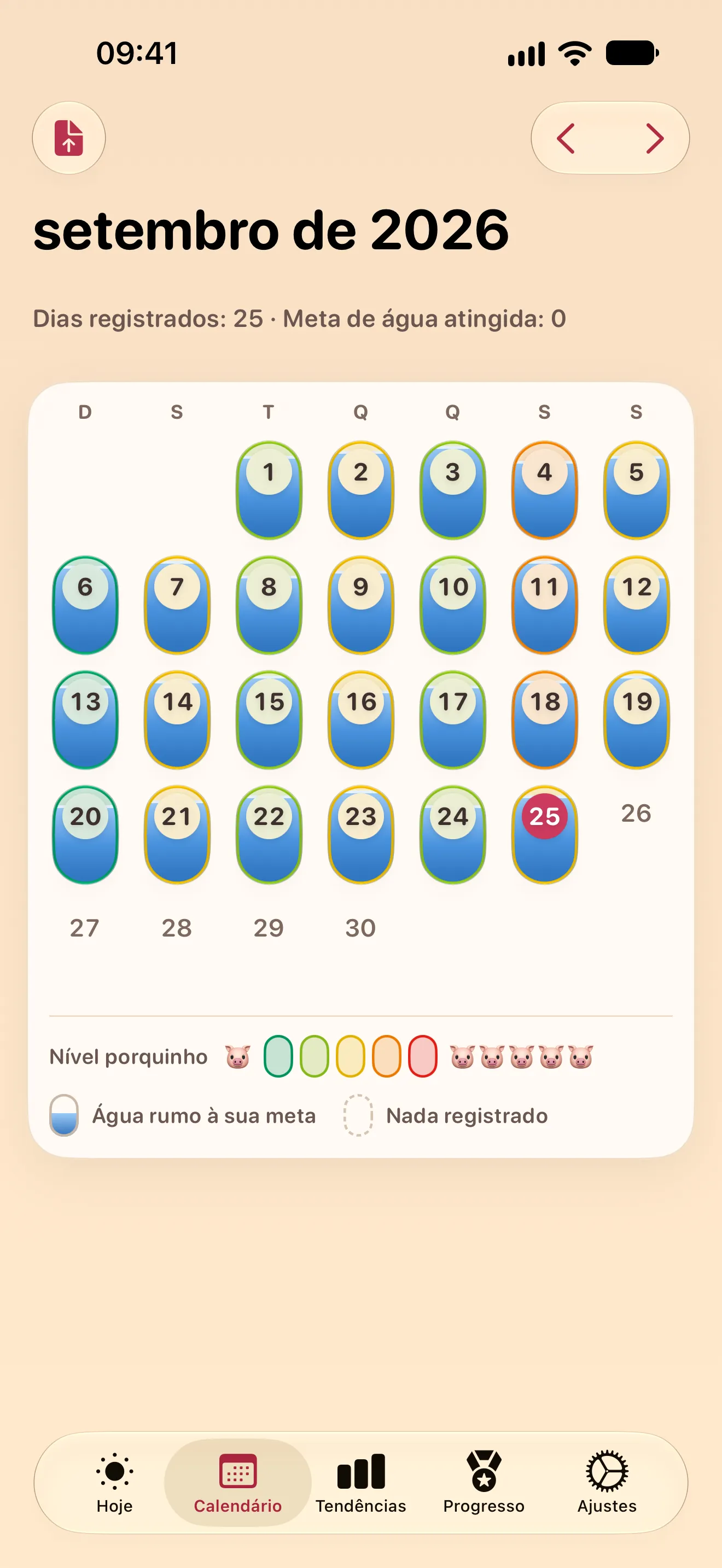 Um calendário do mês em que cada dia é uma cápsula, colorida pelo nível porquinho e preenchida com água