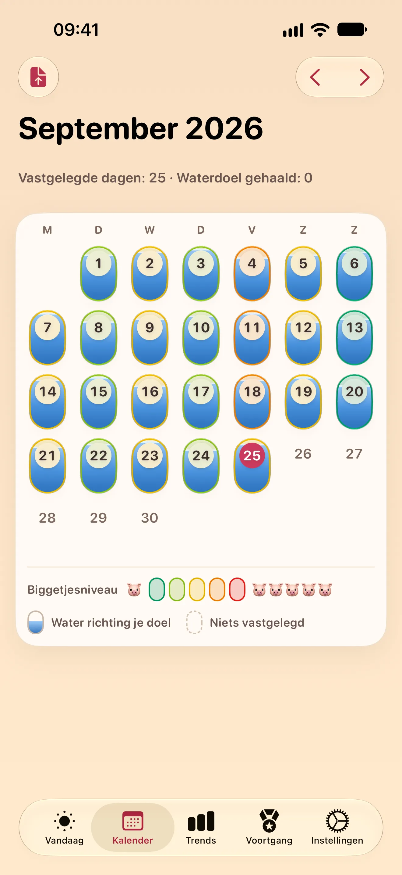 Een maandkalender waarin elke dag een capsule is, gekleurd op biggetjesniveau en gevuld met water
