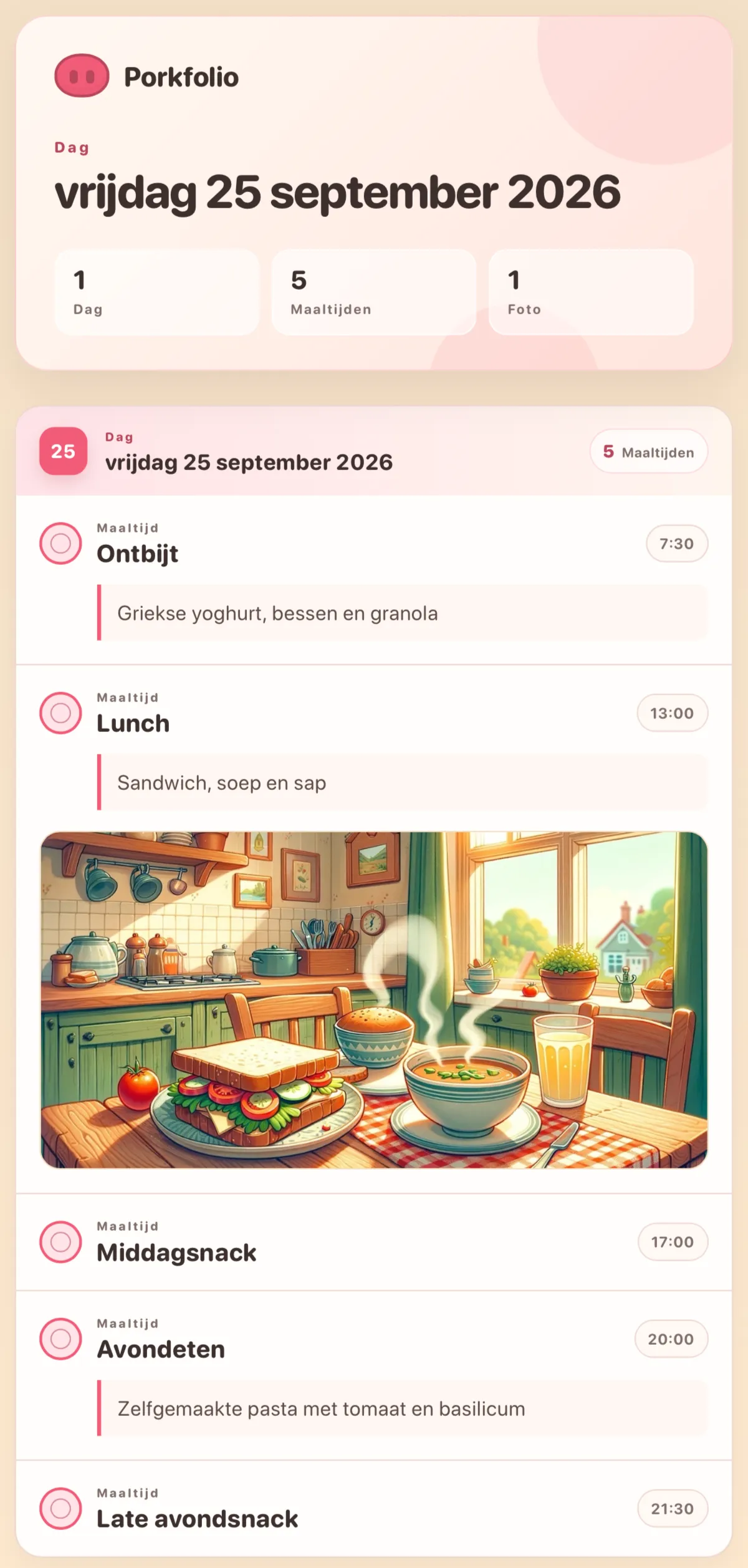Een afdrukbaar pdf-dagboek met maaltijden, niveaus en foto's
