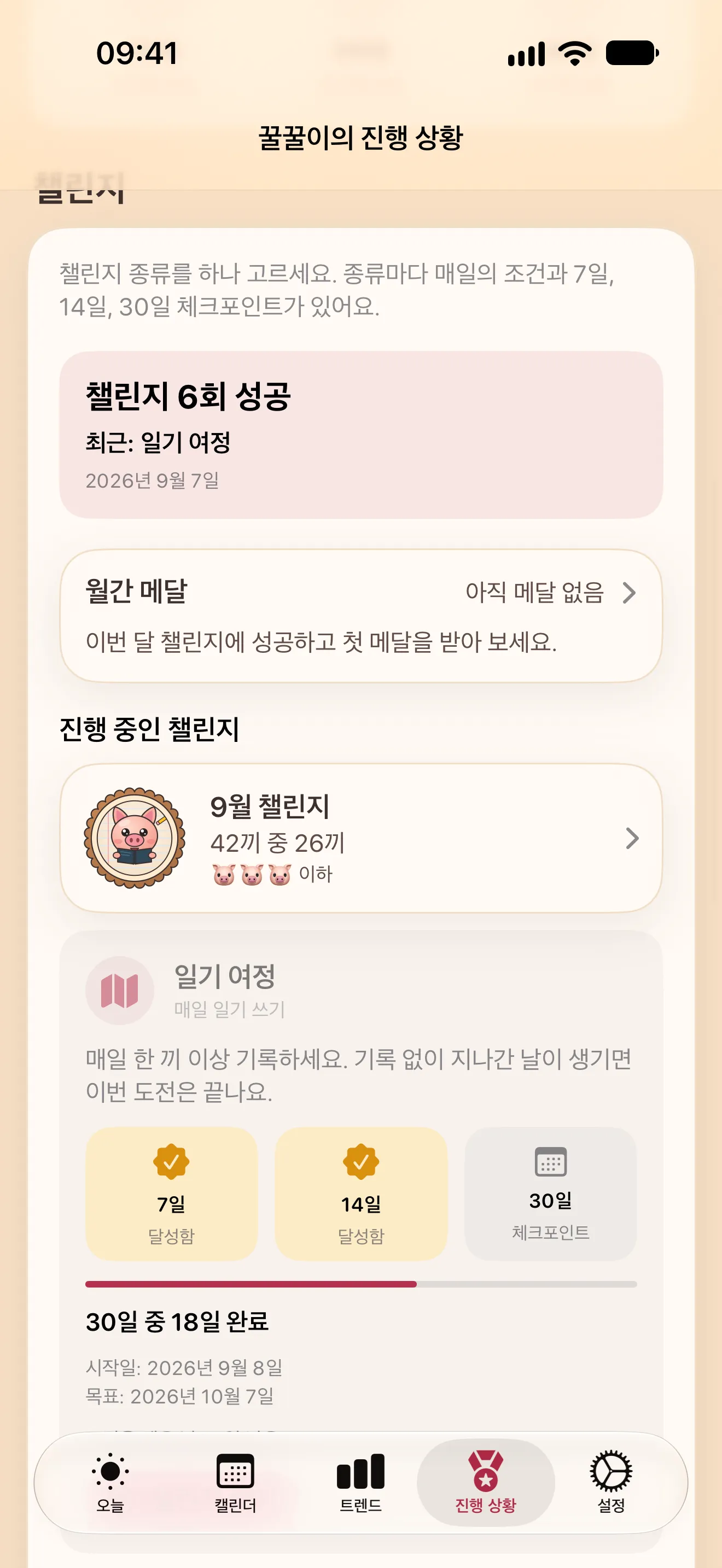 진행 상황 화면: 달성한 챌린지, 월간 메달, 이달의 챌린지, 체크포인트가 있는 진행 중인 일기 여정 챌린지