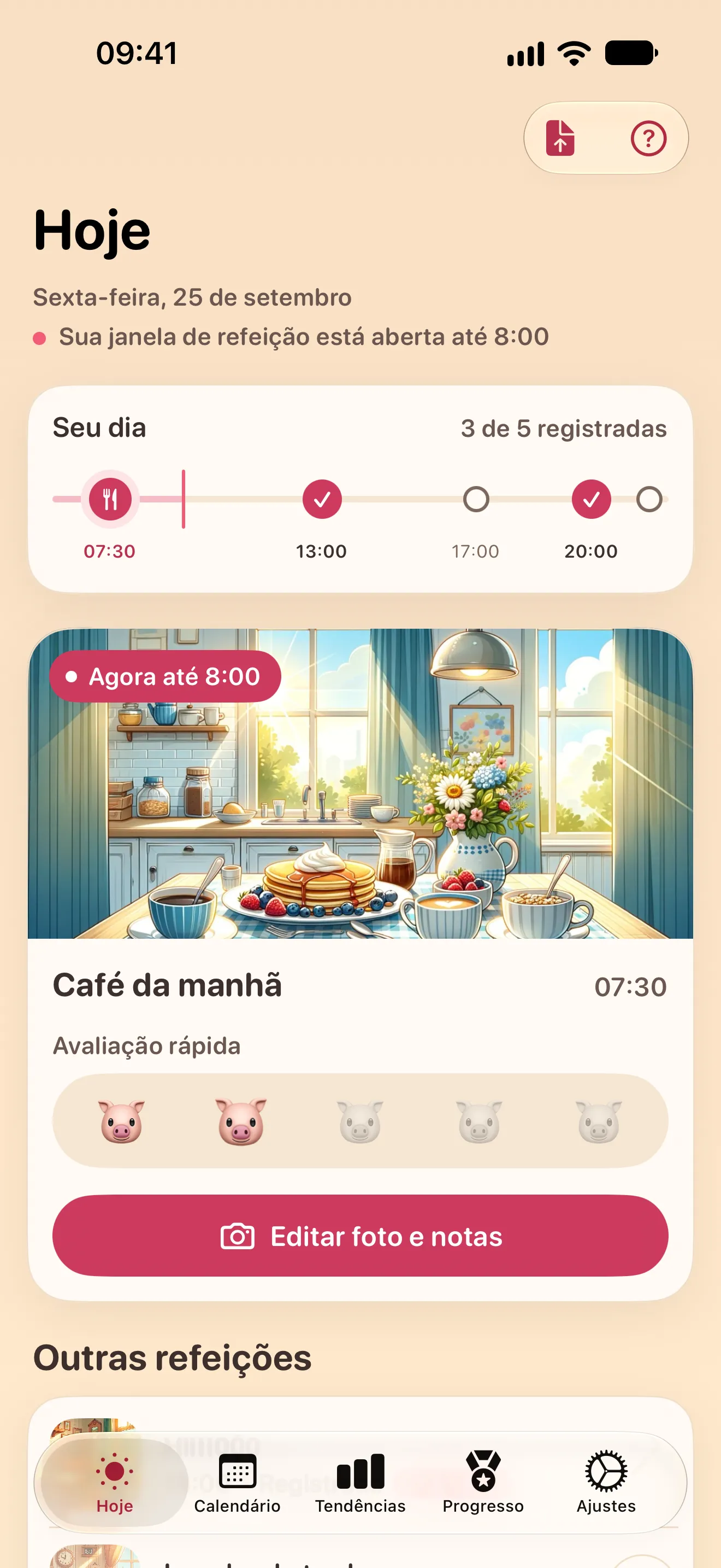 A tela Hoje: a linha do tempo do dia e a refeição atual, o café da manhã, pronta para uma avaliação rápida