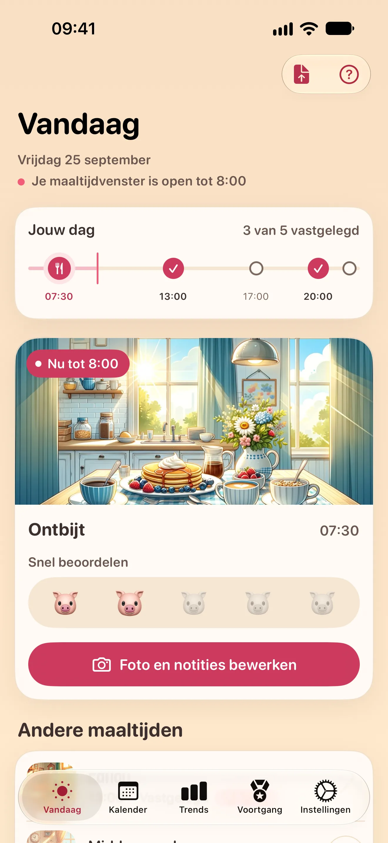 Het scherm Vandaag: de tijdlijn van de dag en de huidige maaltijd, het ontbijt, klaar voor een snelle beoordeling
